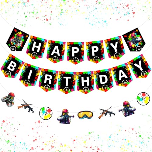 Funmemoir Paintball Birthday Party Decorations, Happy Birthday Banner and Paintball Theme Garland, Gun Shooting Game Paint Splatter Splash Rainbow Theme Party Decorations