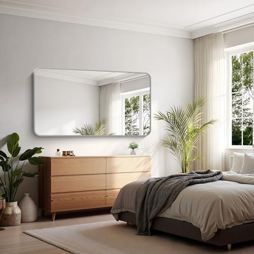 Image of KOCUUY Silver Bathroom Mirror, 30x55 Inch Bathroom Mirror for Over Sink, HD Tempered Glass, Anti-Rust Brushed Silver Frame, Rounded Corner Modern Design for Bathroom, Hang Horizontal /Vertical
