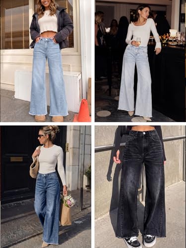 Trendy Queen Women's Wide Leg Jeans, Relaxed Loose with Raw Hem Pants | Fashion Comfort Denim Jeans Straight Leg Low Rise with Pockets For Fall, Winter, Spring, Summer — view 6