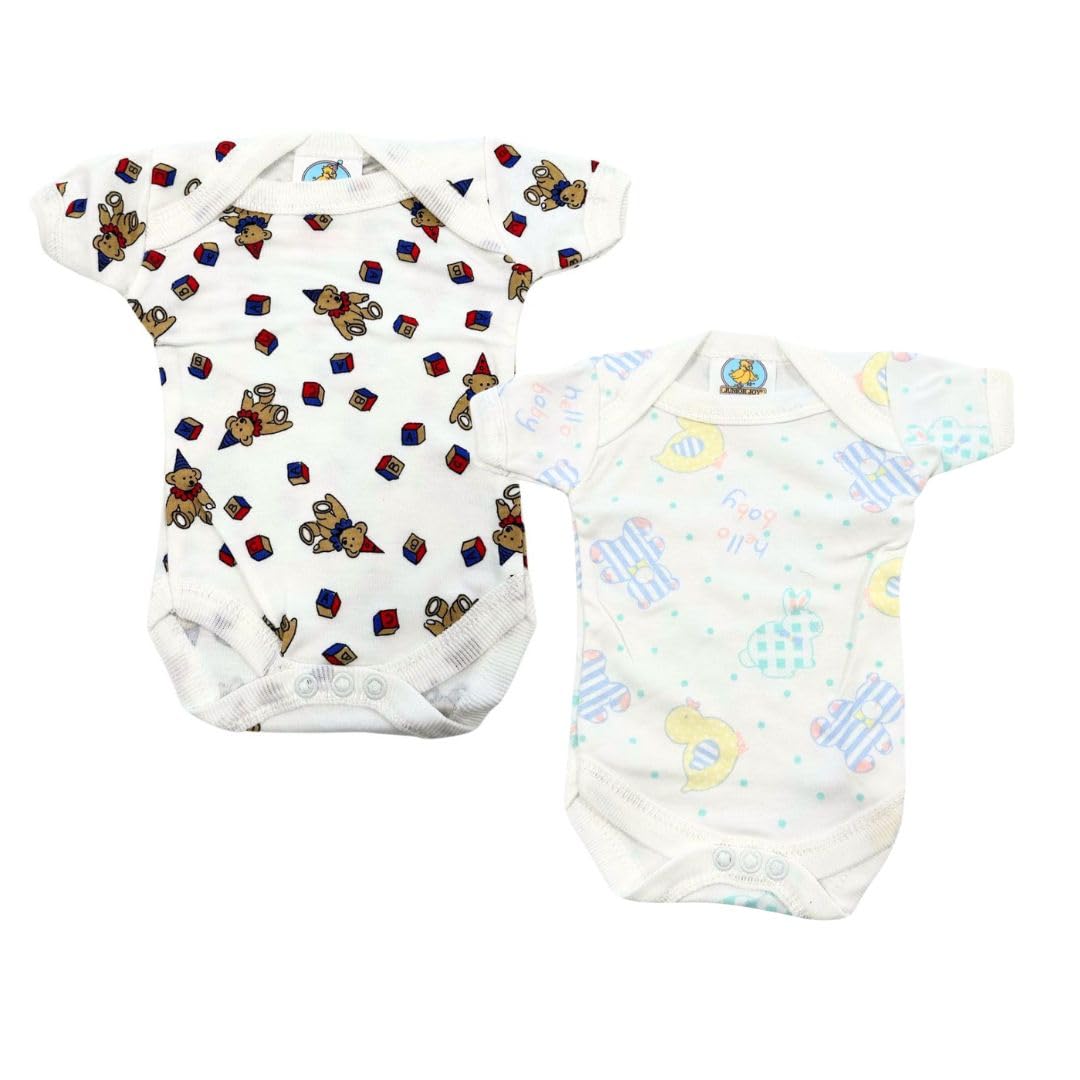Junior Joy – 2 Pack Baby Cream Printed Bodysuits for Premature Babies, Envelope Neck, Short Sleeves, 100% Cotton, Popper Fastening for Easy Nappy Changes