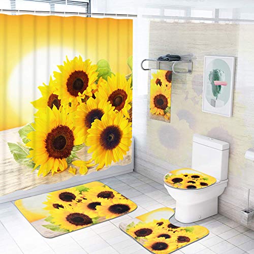 Pknoclan 5 Pcs Sunflowers Shower Curtain Sets with Rugs and Towels, Include Non-Slip Rug, Toilet Lid Cover, Bath Mat and 12 Hooks, Yellow Flower Shower Curtain Waterproof Bath Curtain