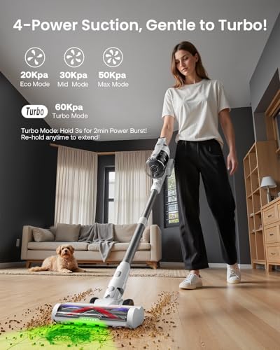Image of Cordless Vacuum Cleaner for Home, Upgraded 60Kpa Powerful Suction Pet Hair Vacuum with 70min Runtime, Green LED Light for Hardwood Floors & Carpet, Self-Standing Rechargeable Stick Vacuum, Grey-white
