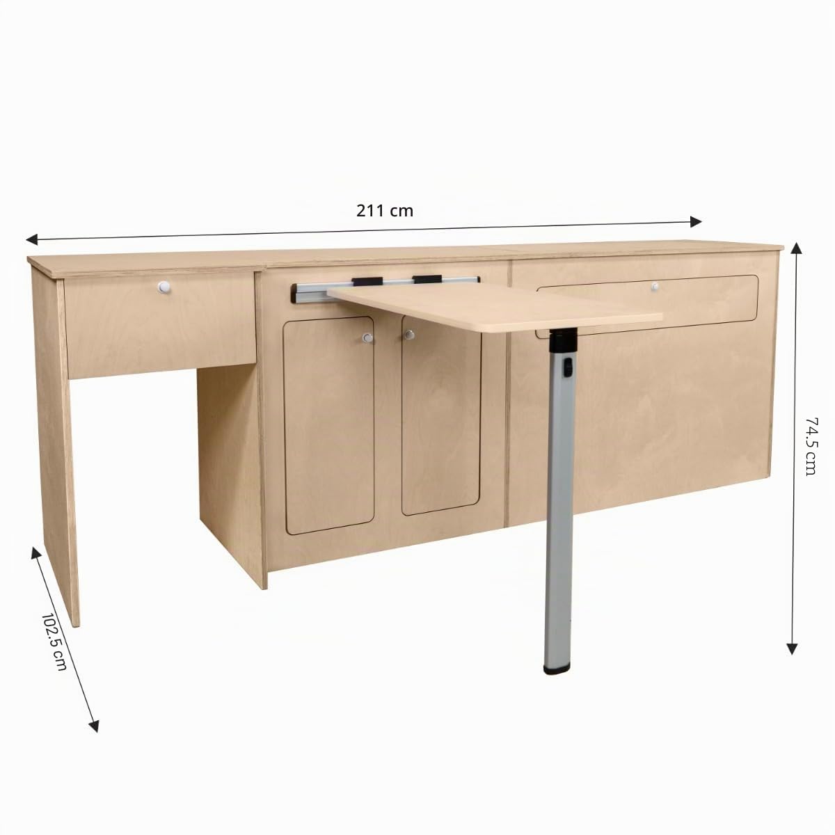Unidad de conversión de cocina para autocaravana Camper Van RHD Paquete plano Muebles para autocaravanas Mesa plegable con almacenamiento incorporado, armarios, espacio para nevera, toallero 15 mm de