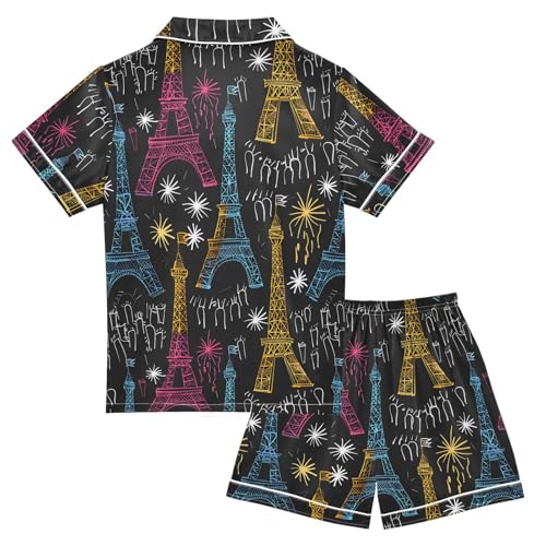 ALAZA New Year Paris Eiffel Tower Satin Pajamas Set Short Sleeve Button Down Sleepwear Summer Pjs 2 Piece2