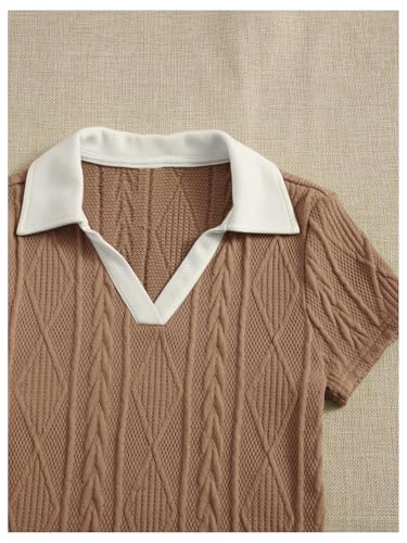 Milumia Girl's Contrast Collared V Neck Short Sleeve Knitted Tee T Shirts3