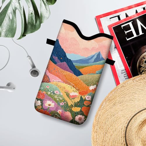 Image of Neoprene Cell Phone Sleeve Pouch Case Bag with Crossbody Strap Neck Lanyard for Women 7.1 X 3.9 in Colorful Mountains
