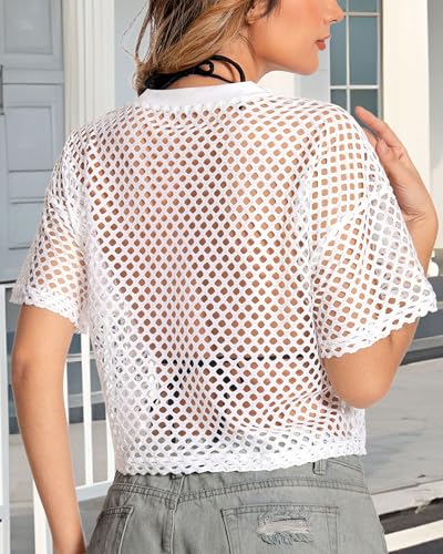 Image of Women's Mesh Top Fishnet T Shirts Sheer Loose Short Sleeve See Through Crop Tops