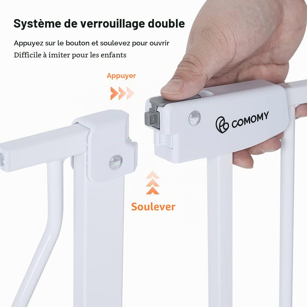 COMOMY Barriere de Securite Chien avec Porte Ajustable pour Chat, 75-123cm Barriere de Securite Enfant Extra Wide pour Escaliers et Portes, Barrière à Fermeture Automatique, 76cm de Haut (Blanc)