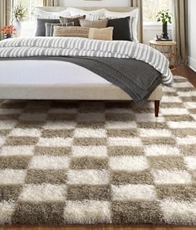 240x300cm Large Living Room Rug, Checkered Beige and White Bedroom Area Rugs for Kids Room, Nursery, Dorm, Lounge, Soft Fluffy Plush Fuzzy Checkerboard Anti-slip Carpet