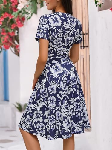Image of MSBASIC Womens Summer Wrap V Neck Casual Dresses Floral Short Sleeve A-Line Midi Sundress