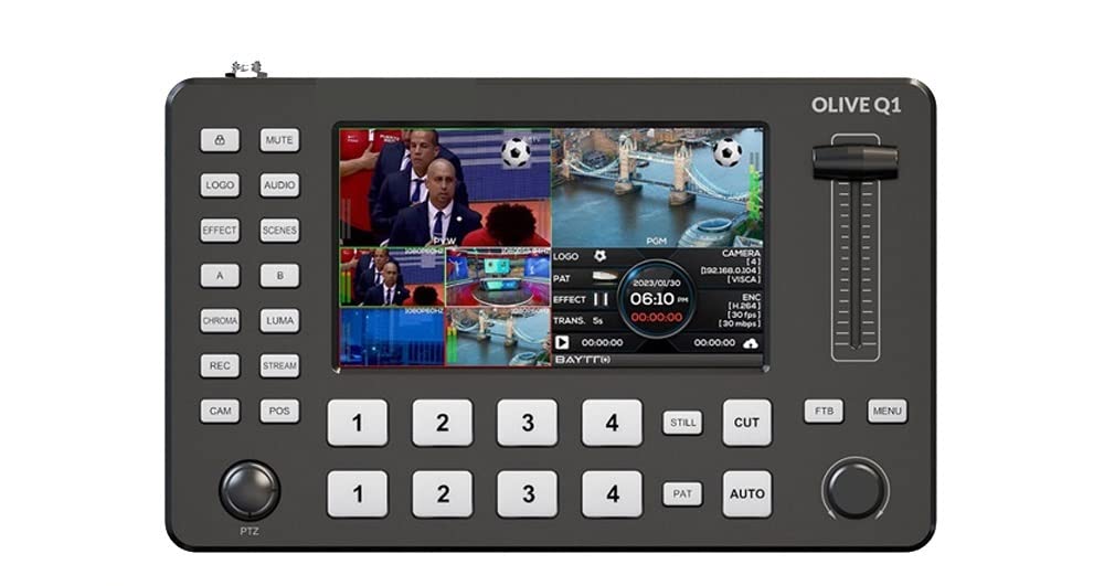 Q1 Conmutador de Video de 4 Canales y 5 Pulgadas Pantalla Full HD Conmutador en Vivo Push Streaming/Grabación de transmisión en Vivo para computadora portátil, TV, proyector