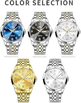 Men's Casual Stainless Steel Watch, Big Face Easy to Read Analog Quartz Watch with Day and Date, Classic Waterproof Diamond Roman Arabic Numerals Dial Dress Watch for Men, Gold Silver Black Band