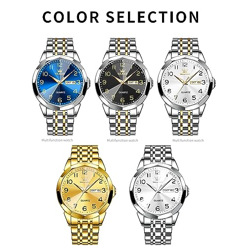 Men's Casual Stainless Steel Watch, Big Face Easy to Read Analog Quartz Watch with Day and Date, Classic Waterproof Diamond Roman Arabic Numerals Dial Dress Watch for Men, Gold Silver Black Band