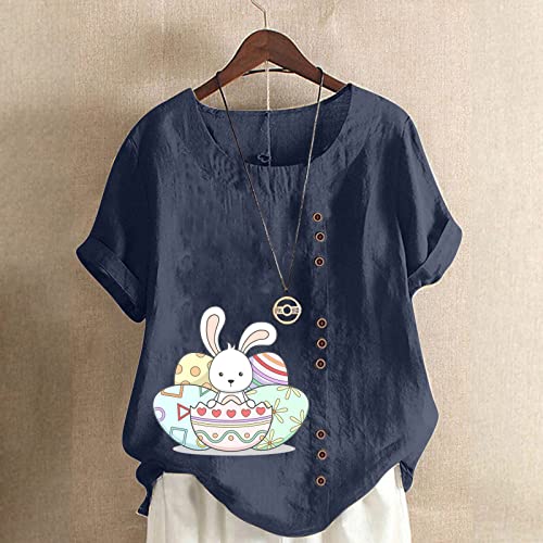 Plus Size Tops For Women Easter Bunny Print Cotton Linen Tunic Tees Trendy Short Sleeve Button Blouses T-Shirt Navy #TOP1