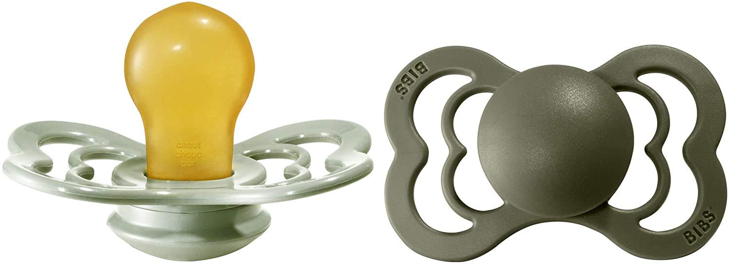 BIBS Supreme Pacifier | Latex Soother 2 Pack | Symmetrical Nipple | BPA Free | Made in Denmark | Natural Rubber Dummy Pacifier | (Sage/Hunter Green, Size 2 (6-18 Months))
