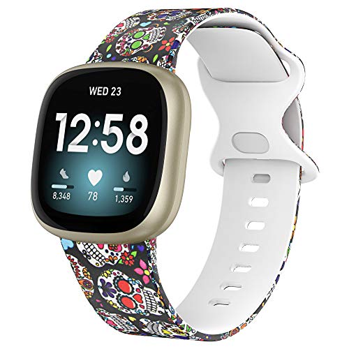 Glebo Bands Compatible with Fitbit Sense Bands/Versa 3 Bands, Soft Silicone Bands Waterproof Wristbands Versa 3 Watch Band Sport Strap Accessories for Fitbit Versa 3 Bands for Women Men, Skull/Large
