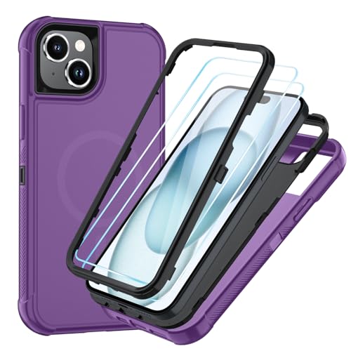 Coque iPhone 15 MagSafe violette intégrale 3 en 1 avec protège-écran HD
