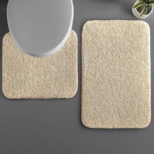 Image of LUXE HOME INTERNATIONAL Polyester Contour Bath Mat - Washable, Anti Skid, Water Absorbent Contour Mats for Bathroom, Toilet, Wash Basin & Bathroom Contour Mat Set (Beige, 45x 75 cm & 40x45)