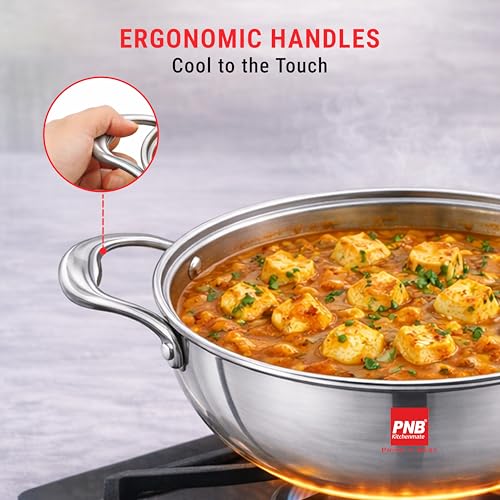 Image of PNB Kitchenmate triply Stainless Steel kadai - 2.0 Liter | Induction Compatible triply kadai with lid | Stainless Steel cookware | Try ply cookware for Indian Cooking with Glass lid | 5 Year Warranty