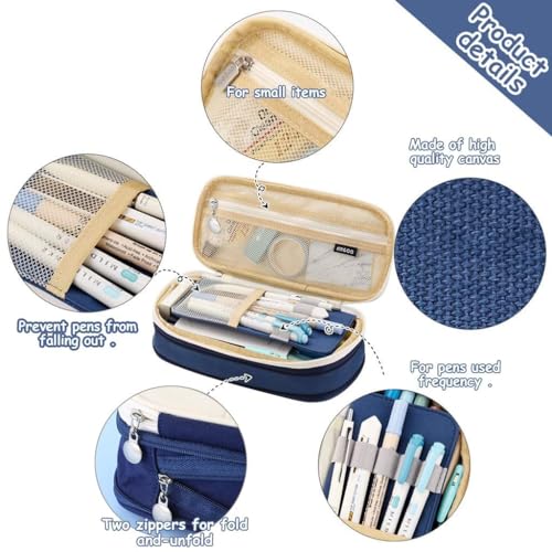 Image of Parshya Canvas Kawaii Pencil Case 2 Compartment Cute Pencil Pouch Aesthetic Pencil Case for Girls Large Capacity Pen Pouch Multifunctional Stationery Organizer for School Office (Spacial Navy Blue)