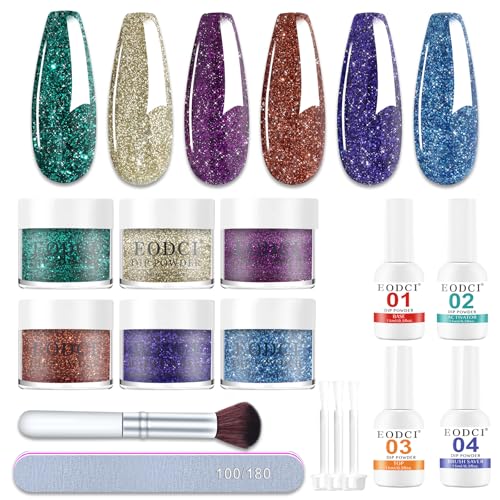 12 Kit de poudre à Ongles, 6 Couleurs Bleu Pailleté Vert Violet Clignotant Lot de Poudre, Acrylique pour ongles avec Dipping Powder French Nails Kit, Liquide Base Top Coat, Activateur, Brush Saver