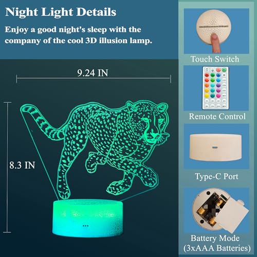 Image of Cheetah Night Light, 3D Illusion Lamp with 16 Color Changing Modes, Remote Control Timer and Dimmable, Kids Boys Girls Room Decoration, Holiday Xmas Gifts