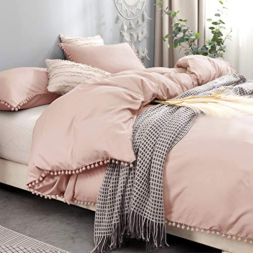 Bowavat Pom Pom Fringe Duvet Cover Full/Queen Size,100% Washed Microfiber 3 PiecesÂ Pink Mocha Duvet Cover Set, Soft and Durable with Zipper Closure and Corner Ties (Full / Queen, Pink Mocha)