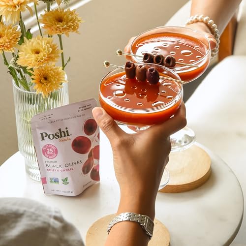 Image of Poshi Green Olives On-The-Go - Original Flavor - Single Serve Pitted Olives - Convenient and Healthy Snack Packs - All Natural, Non-GMO, Kosher, Gluten-Free (Original Chili + Garlic Black Olives, 33 Ounce (Pack of 30))