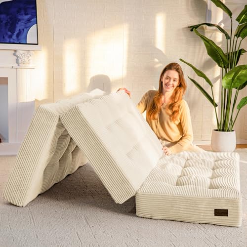 MAXYOYO Folding Mattress, Comfy Corduroy Foldable Mattress with 15cm Thicken Foam, Tri-Fold Floor Futon Sofa Bed for Guest,Off-white,Double option