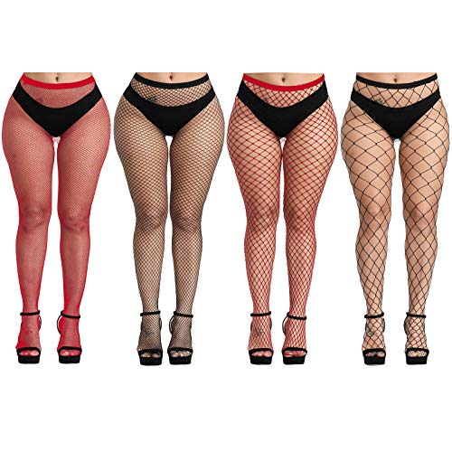Aneco 4 Pairs Plus Size Fishnets Tights Sexy Pantyhose Stockings Cross Mesh Fishnet Tights Thigh High Stockings