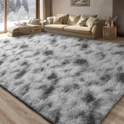 Merelax Modern Soft Fluffy Small Shaggy Rug for Bedroom Livingroom Dorm Kids Room Indoor Home Decorative, Non-Slip Plush Furry Fur Area Rugs Comfy Nursery Floor Carpet 7X10 Feet,Tie-Dyed White Grey