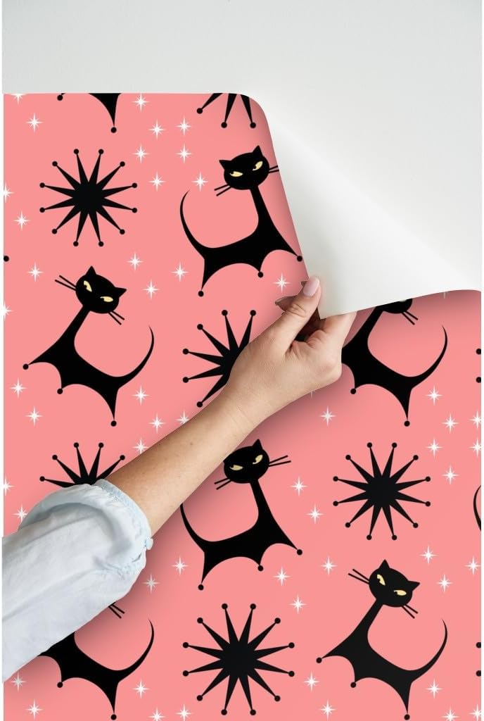Peel & Stick Wallpaper 6ft x 2ft - Pink Vintage Retro Kitsch Atomic Mid Century Kitty Cat Custom Removable Wallpaper by Spoonflower