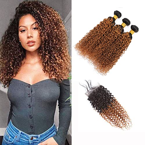 Ombre Human Hair Kinky Curly Human Hair Brown 3 Bundles With 4x4 Closure Two Tone T1B/30 Bundles Brazilian Hair 8A Grade Soft Brazilian Hair Extensions(16 18 20 +14)