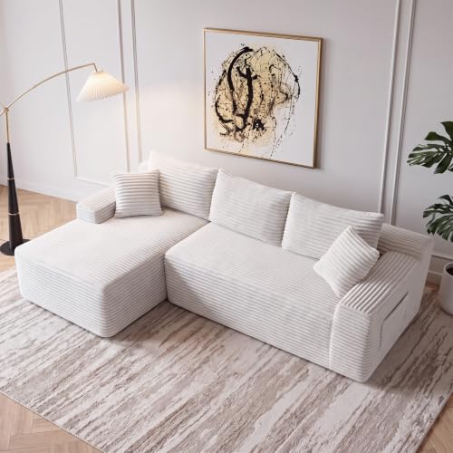 Image of 94.5 inch L Shaped Boneless Sectional Corduroy Couches for Living Room (White)