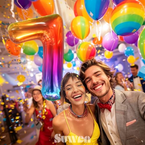Image of SUWEN Rainbow Number 7 Balloon 40 Inch,Big Colorful Balloons 0-9 | Large Gradient Jelly 7th Helium Foil Mylar Number Multicolor Balloons for Birthday Anniversary Party Decorations