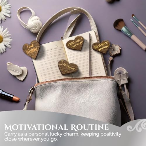 Image of Two Pack of Sunny Lark Positive Affirmation Wood Cutouts | Two Sets of Identical 72 Laser Engraved Hearts with Positive Affirmation Messages | Includes Affirmation Holder | Daily Motivational Gift