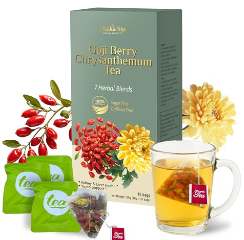 OsakaSip Goji Berry Chrysanthemum Tea Bags - Natural Liver Detox Cleanse Kidney Health - Excellent Chinese Herbal Raw Formula Cassia Seed Dandelion Leaf Gardenia Licorice Orange Peel (150g 15 Bags)