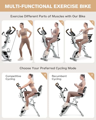 Image of pooboo Folding Exercise Bike, Foldable Upright Stationary Bike, Indoor Cycling Magnetic X-Bike with 8-Level Adjustable Resistance, 6.6 LBS Flywheel, 300LB Capacity, Back Support Cushion for Home Gym
