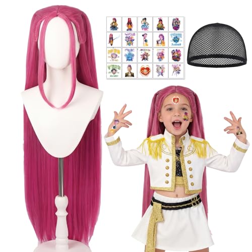 LMT Wig3 Anime Cosplay Long Wig with Temporary Tattoo Stickers High Temperature Heat Resistant Synthetic Fiber for Kids & Adults Breathable Hair Net for Carnival Outdoor Parties & Themed Events