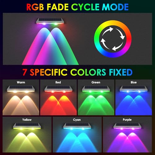 8 Pack Solar Fence Lights Outdoor - Warm White & RGB 6 Color, Dusk to Dawn Deck Light, Solar Powered Light Outdoor IP65 Waterproof, Solar Garden Lights for Outside/Backyard/Railing/Step/Patio/Wall