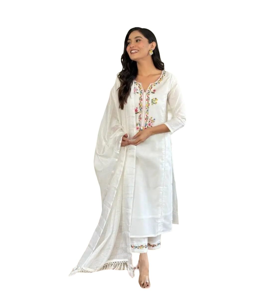 White Embroidered Kurta Set with Dupatta and Pants, Floral Embroidery, Traditional Indian Ethnic Wear
