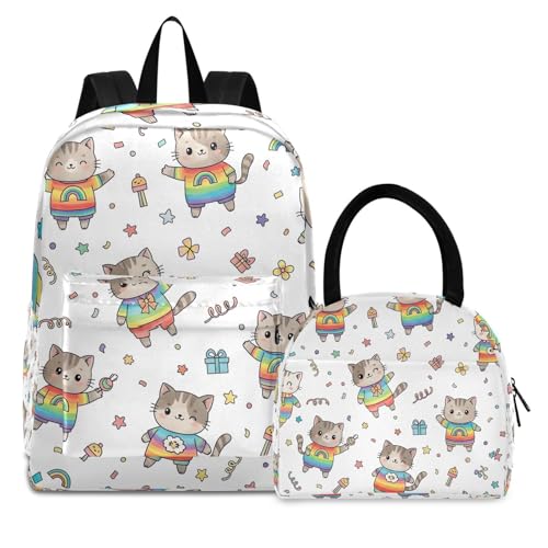 Sac à dos de camping imperméable et sacs d'école chats arc-en-ciel pour grands enfants