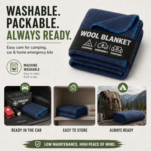 Image of Jmr Usa Inc. Military Wool Blanket for Camping and Everyday Use, Fire Retardant Extra Thick and Warm Outdoor Wool Blanket, Navy, 62x84