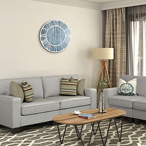 Wood Wall Clock Farmhouse Style Metal Silent Non Ticking Round Rustic Beach Blue Solid Wooden Noiseless Wall Clocks with Roman Numerals for Living Room Decor,Dining Room,Kitchen,Office (40CM)… - Image 9