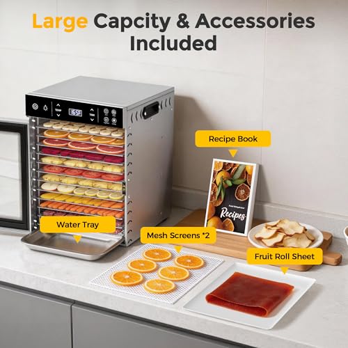 Image of Suteck 800W Food Dehydrator with 12 Trays for Jerky, Fruit, Veg, Meat | Stainless Steel, 4 Presets, Strong Dual Fans & 360 Airflow, 85F-195F, 24H Timer, Built-in Light, Quiet