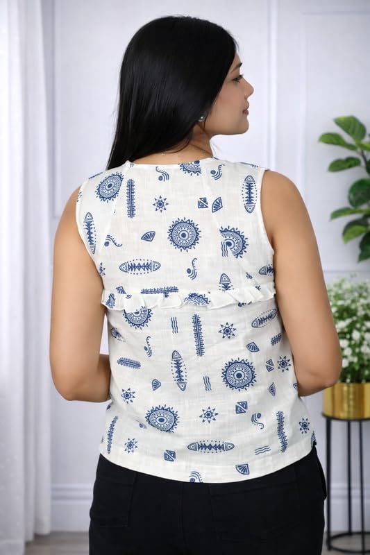 Image of Rayon Floral Printed Sleeveless Top for Women | Round Neck Tie-Up Detail Top | Casual Summer Wear Tunic | Regular Fit Kurti for Women
