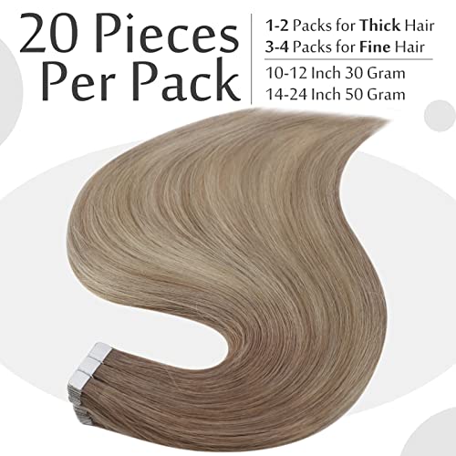 Full Shine Tape in Extensions Human Hair 20 Inch Ombre Tape in Hair Extensions 20 pcs Color 8 Ash Brown Fading to 60 Platinum Blonde and 18 Ash Blonde Hair Extensions 50g Invisible Tape - Image 5