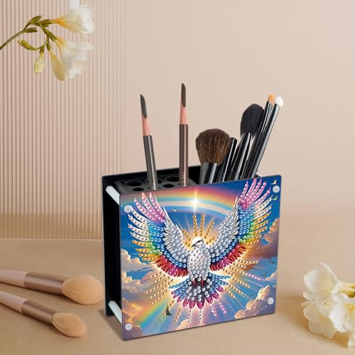 Image of DIY 5D Diamond Painting Pen Holder - Peaceful Rainbow Dove Pencil Cup for Inspirational Decor, Acrylic Diamond Art Pen Holder Organizer, 5D DIY Desk Organizer with Beads, for Craft Desk or Gift