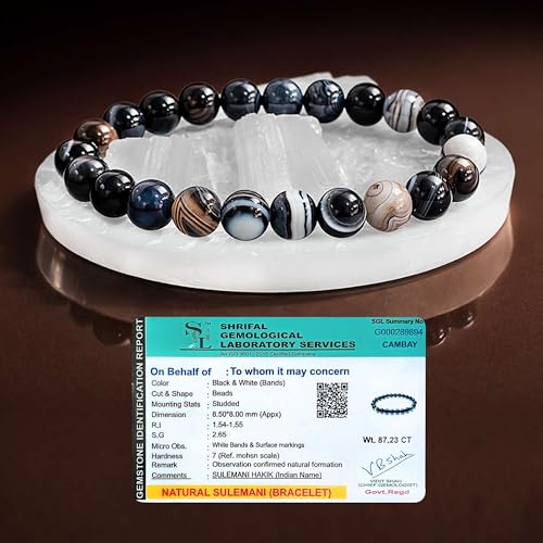 Image of SOLAVA Sulemani Hakik Bracelet Original Certified with Selenite Plate | Natural Sulemani Hakik Stone Crystal Bracelet for Men & Women | Protection, Grounding & Energy Cleansing