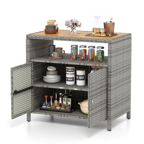 COSTWAY Armario Baja Exterior de Ratán, Armario terraza con Compartimento Abierto y Gabinete Cerrado, Aparador de Mimbre de 2 Puertas Terraza Jardin Exterior, 90 x 53 x 86 cm (Gris)